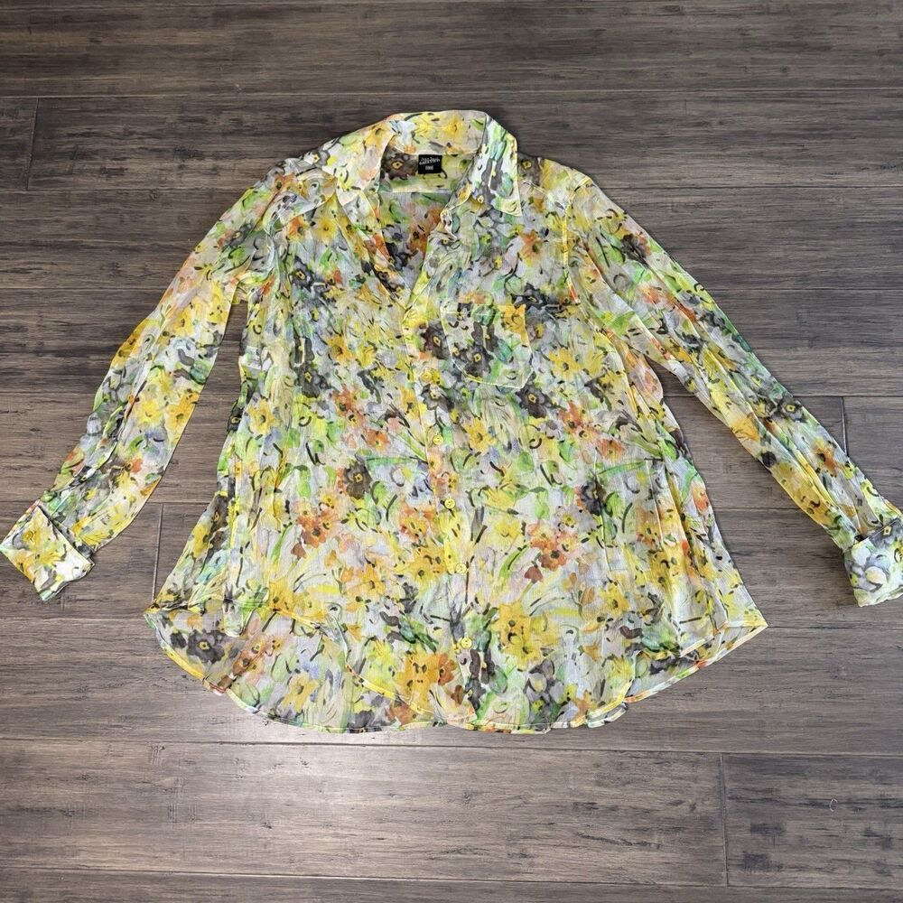 Jean Paul Gaultier 100% Silk Button Up Top Sheer Long Sleeve Women Size 4 Yellow